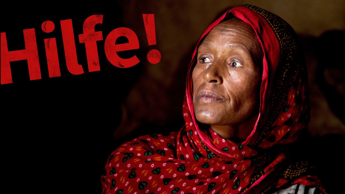 Eine Frau mit einem roten Kopftuch, auf dem Bild steht: Hilfe!