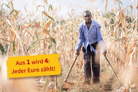 Ein Mann geht an Krücken zwischen Maispflanzen hindurch. Text auf dem Bild: Aus 1 wird 4. Jeder Euro zählt!