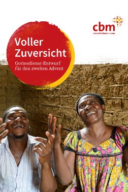Ein Mann und einer Frau stehen nebeneinander, schauen nach oben und halten die Hände hoch. Darüber ein roter mit der Aufschrift &quot;Voller Zuversicht&quot;