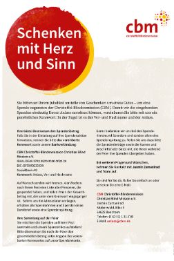 &quot;Schenken mit Herz und Sinn&quot; auf rotem, kreisförmigem Untergrund, Textpassage
