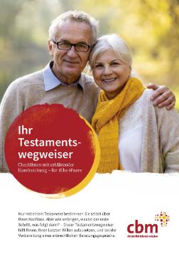 Älterer Mann neben älterer Frau, darauf ein roter Kreis mit der Aufschrift &quot;Ihr Testamentswegweiser&quot;