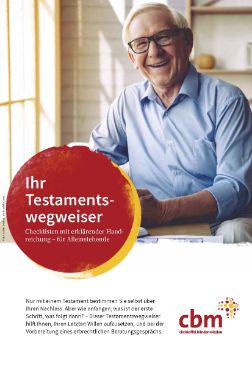 Ein älterer Mann, außerdem ein roter Kreis mit der Aufschrift &quot;Ihr Testamentswegweiser&quot;