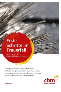 Gräser und Lichtreflexe, darauf ein roter Punkt mit der Aufschrift: Erste Schritte im Trauerfall