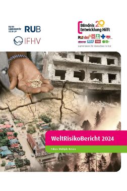 Fotokollage: trockener Boden mit Rissen, Hochhausruine, überschwemmte Straßenzüge, brennender Wald; Schrift: WeltRisikoBericht 2024, Fokus: Multiple Krisen