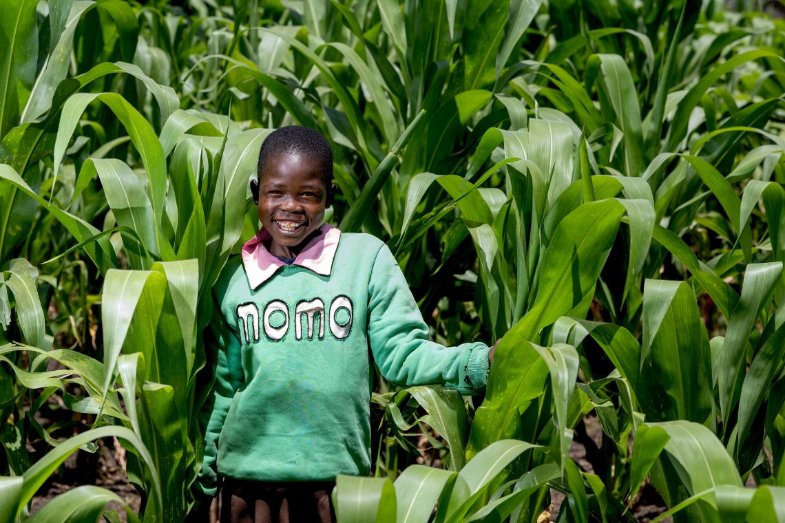 Ein lachendes Mädchen steht zwischen Grünpflanzen, die so hoch sind wie das Kind.