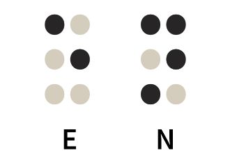 Zwei Zeichen mit je sechs Punkten in drei Reihen. Darunter steht &quot;e&quot; und &quot;n&quot;.