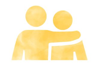 Zwei Figuren, die eine Figur legt den Arm um die andere Figur.