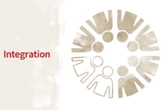 Eine Grafik, die den Begriff &quot;Integration&quot; veranschaulicht. Mehrere schwarz eingefärbte Figuren und zwei weiß eingefärbte Figuren bilden einen Kreis. Die beiden weißen Figuren stehen nebeneinander.