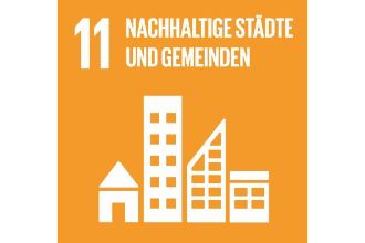 Symbol des UN-Entwicklungsziel &quot;Nachhaltige Städte und Gemeinden&quot;: Mehrere Häuser und Hochhäuser nebeneinander.