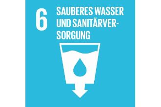 Symbol des UN-Entwicklungsziel &quot;Sauberes Wasser&quot;: Tropfen in einem Becher und ein nach unten zeigender Pfeil.