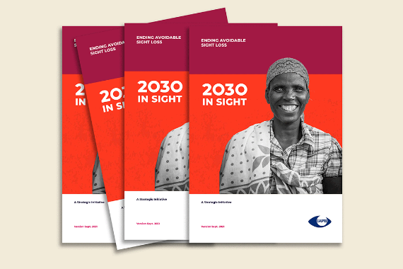 Titel der Broschüre "2030 IN SIGHT" mit einer lachenden Frau, deren linke Pupille weiß schimmert.