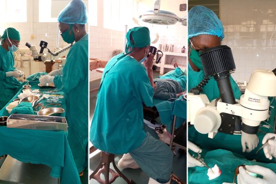 Chirurg und Assistentin beim Richten von OP-Besteck und Operieren