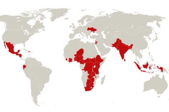 Graue Weltkarte mit roten Flächeneinfärbungen vor allem in Afrika, aber auch in Asien und Lateinamerika