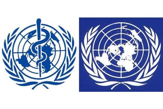 Logos von WHO und UN: Weltkarten, mit Olivenkränzen umrankt