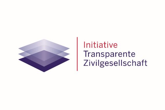Logo mit Schriftzug: Initiative Transparente Zivilgesellschaft und drei übereinandergestapelten Quadraten, zwei davon sind durchsichtig
