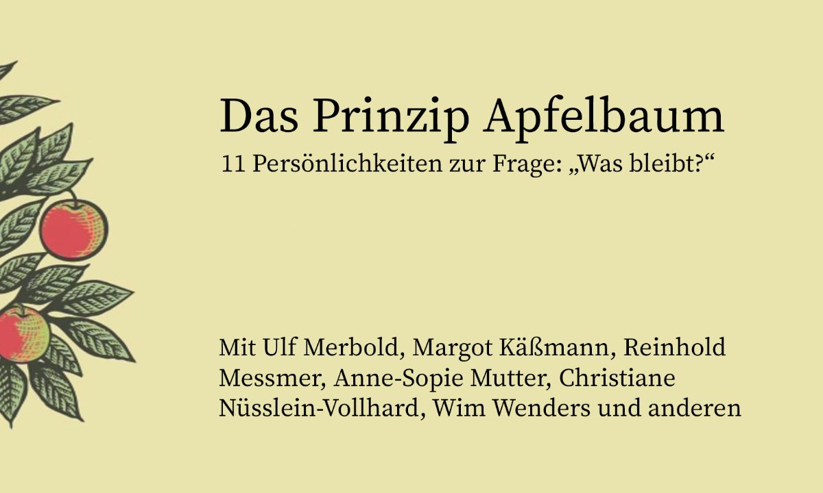 Video-Startbutton, Schrift: Das Prinzip Apfelbaum. 11 Persönlichkeiten zur Frage: Was bleibt? Mit Ulf Merbold, Margot Käßmann, Reinhold Messmer u.a.